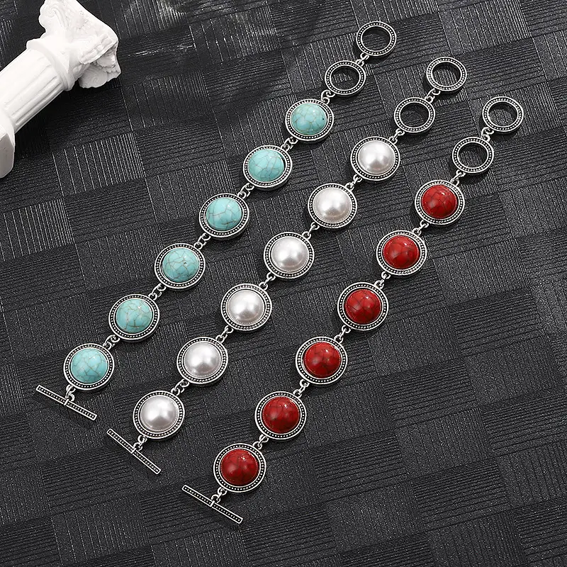 Ethnic Style Turquoise Classical Light Luxury Red Turquoise Ancient Silver Bracelet