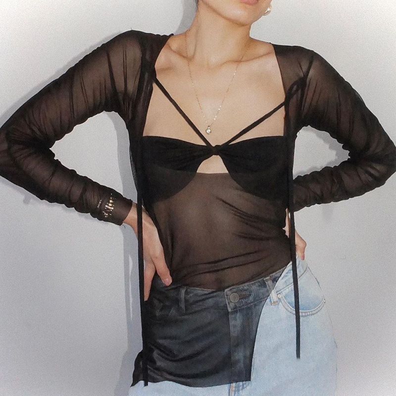 Women's Solid Color Tie Halter Sheer Slit Long Sleeve Top