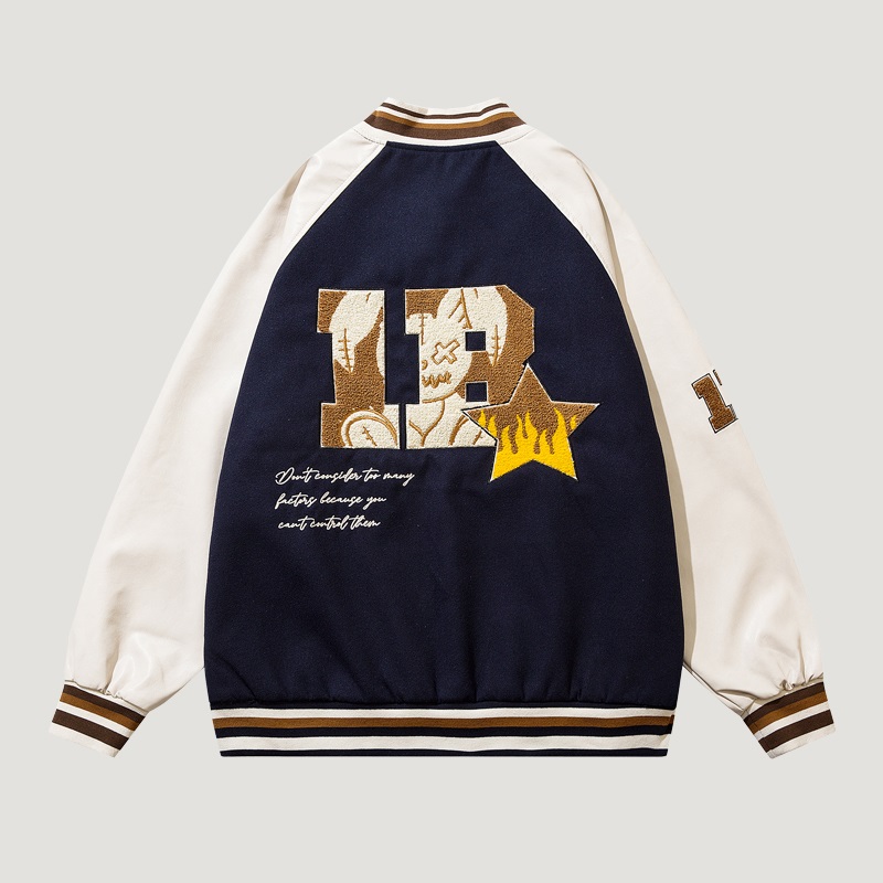 Letter Hip Hop Loose Locomotive Retro PU Baseball Uniform Women Navy - Shop at LoveMi