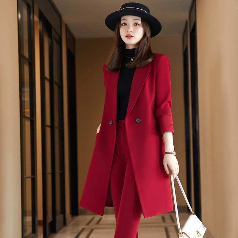 Long Sleeved Suit Jacket Women's Business Wear Long Trench Coat Red - Shop at LoveMi