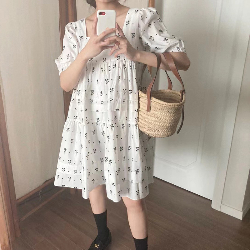 Elegant Retro Square Neck Floral Dress