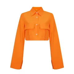 Autumn New Fashion Solid Pocket Short Shirt - Orange - View 1
