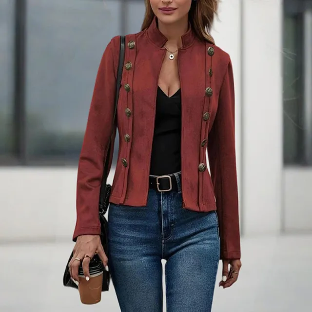 Women's Stand Collar Double Breasted Jacket Solid Color Long Sleeve Streetwear Coat Lightweight Spring&Fall Fashion Red - Shop at LoveMi