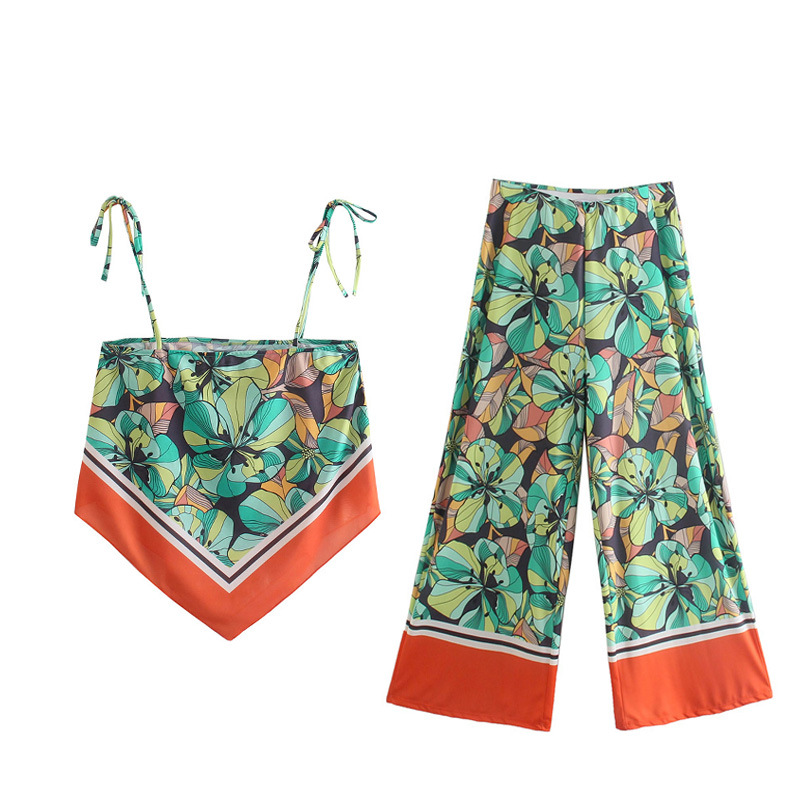 Printed Drape Suspender Top, Printed Drape Slacks Suit