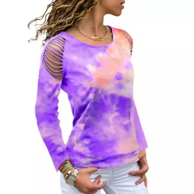 Tie Dye Ripped Floral Off The Shoulder Long Sleeve Tshirt Floral - Shop at LoveMi