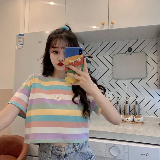 Colorful Stripe Short Sleeve Female Student Korean Loose Bf Spring Summer Top Purple - Shop at LoveMi
