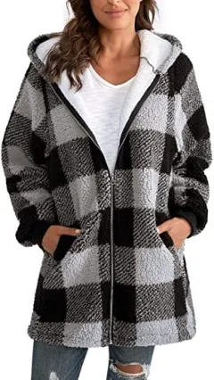 European And American Plush Women's Coat Long Sleeved Plaid - Grey White - View 1