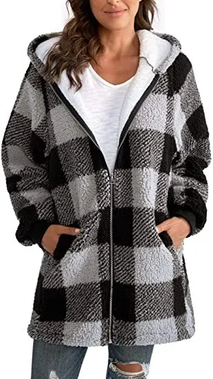 European And American Plush Women's Coat Long Sleeved Plaid Grey White - Shop at LoveMi