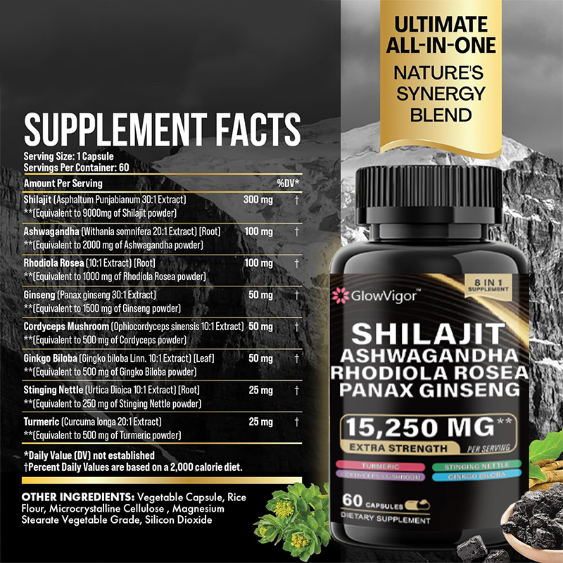 Herbal supplement with Shilajit and Ginseng, Nature's Synergy Formula containing Shilajit Pure Himalayan, Ashwagandha, Rhodiola Rosea, Panax Ginseng, Gingko Biloba, Turmeric, Stinging Nettle, Cordyceps Mushroom, and more in one capsule. Designed for both 