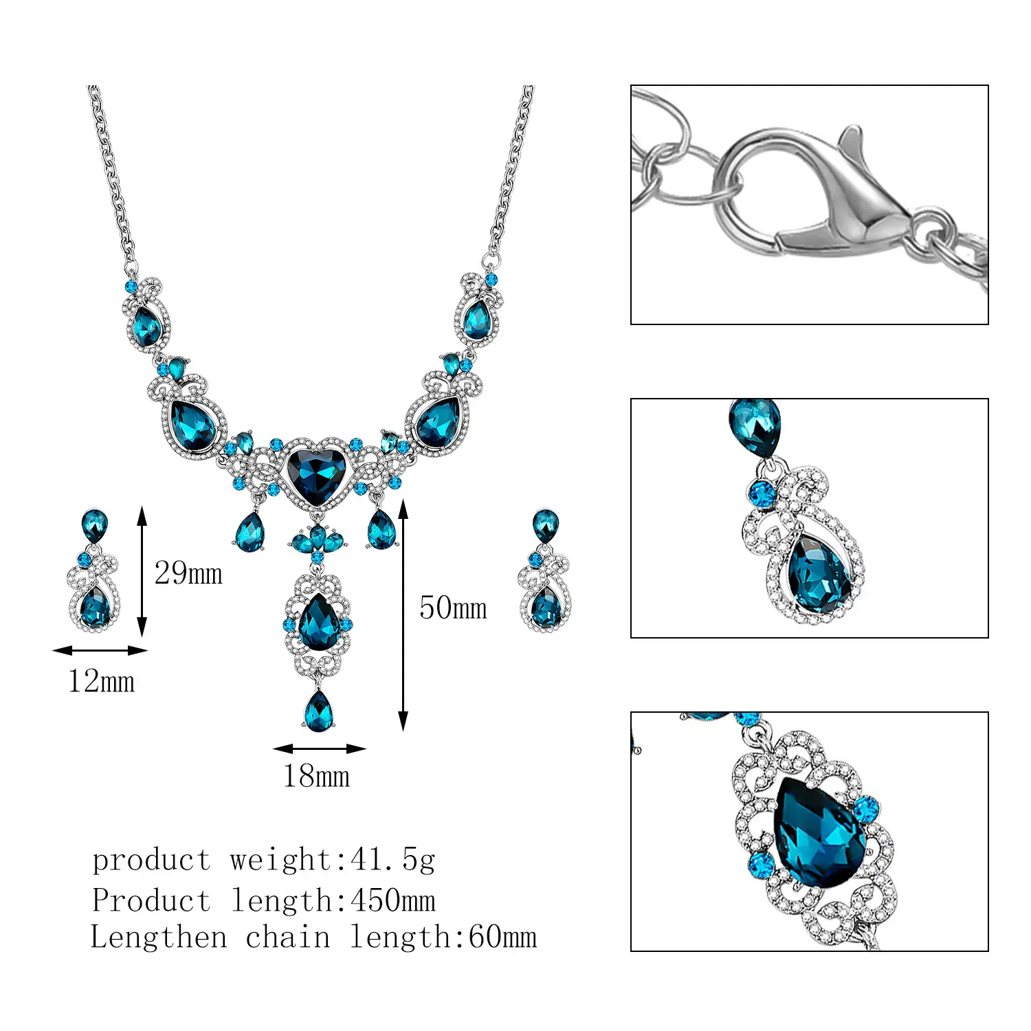 Bridal Set Two Piece Jewelry Blue Love Alloy Necklace