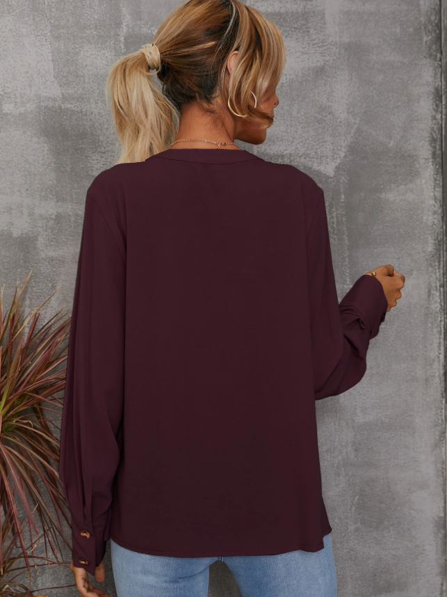 Solid Notched Buttoned Cuff Blouse,Long Sleeve Tops