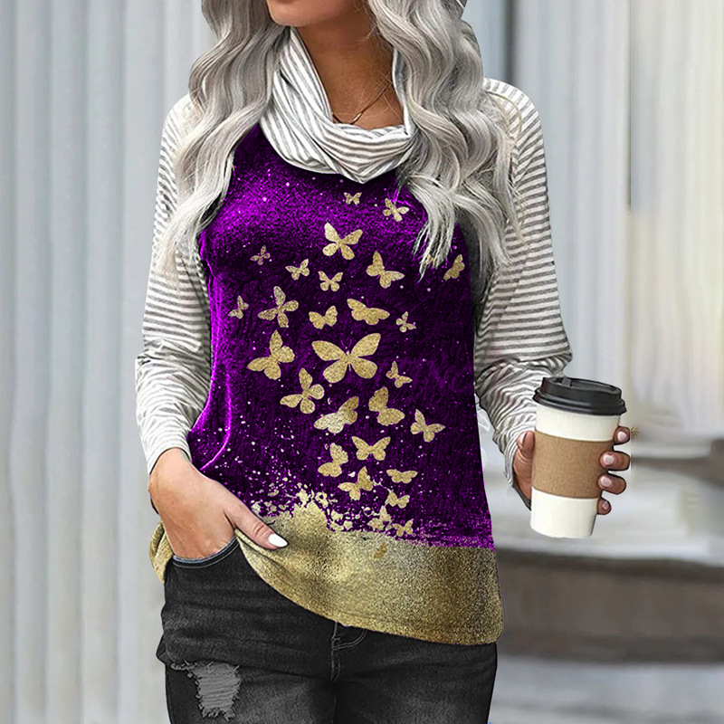 Title 2, Stitching Long-sleeved Pile Neck Top Printed T-...