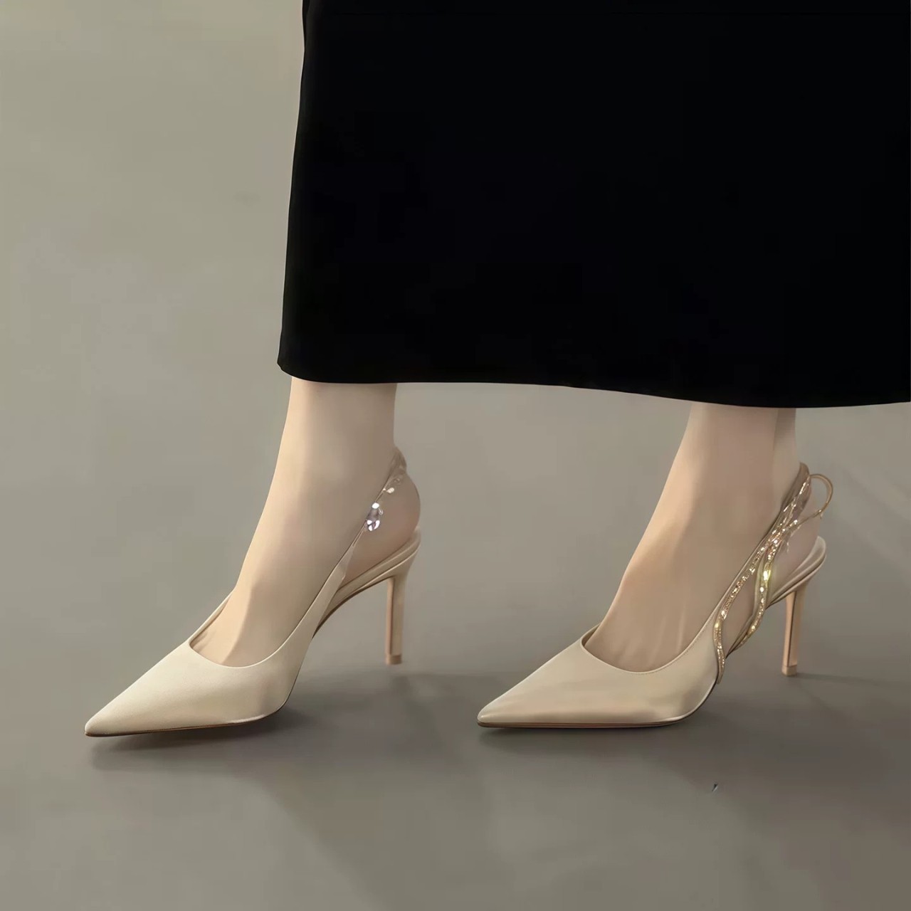 Women French Luxury Rhinestone Chain Slingback Stiletto Heels, Pointed Toe Soft Satin Backless Thin High Heel Elegant Wedding Party Evening Dress Mule Pumps
