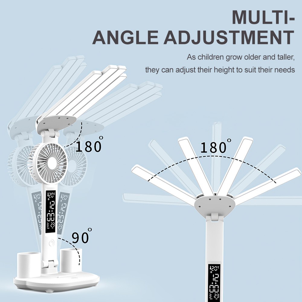 4-Head LED Desk Reading Lamp With Fan Clock Dimmable Rechargeable Touch Light — image 12