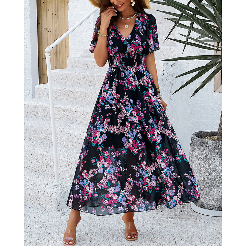 Women's Floral Puff Sleeve Midi Dress Boho V Neck Smocked Dress Black - Shop at LoveMi