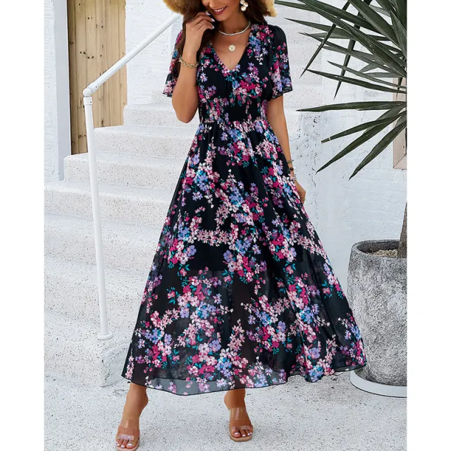 Women's Floral Puff Sleeve Midi Dress Boho V Neck Smocked Dress Black - Shop at LoveMi