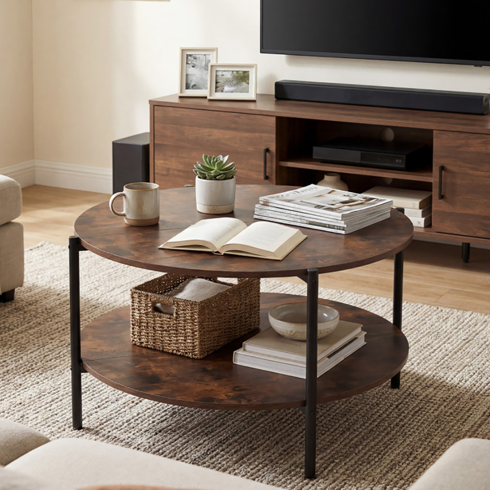 Round Coffee Table 2-Tier Industrial Accent Table With Open Storage Shelf With Adjustable Foot Pads For Apartments And Compact Spaces