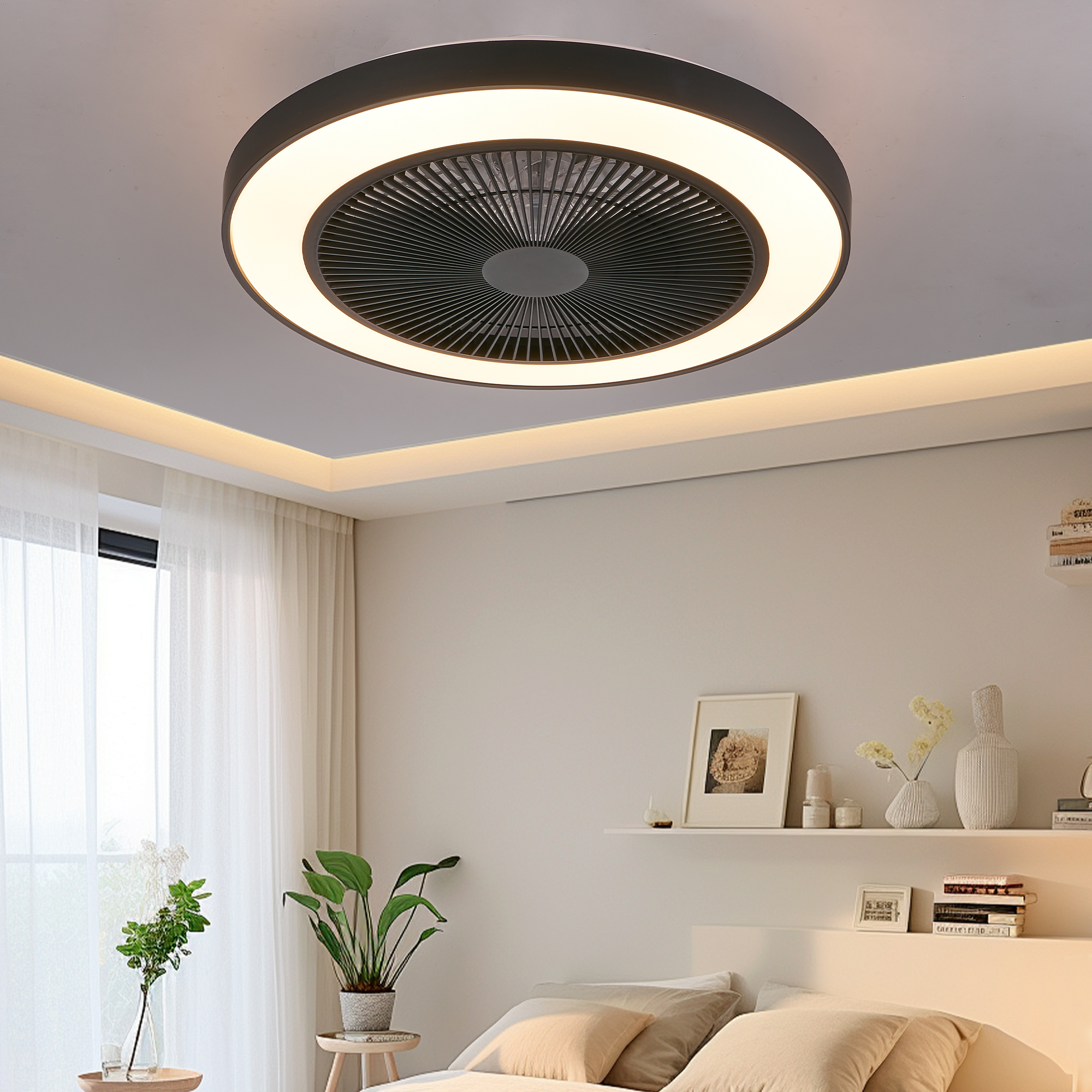 19-inch Black Ceiling Fan Light With LED RGB Dimmable Color-Changing, APP Remote Control, Modern Smart Ceiling Fan For Living Room, Bedroom, And Dining Room Silent 6-Speed Reversible DC Motor