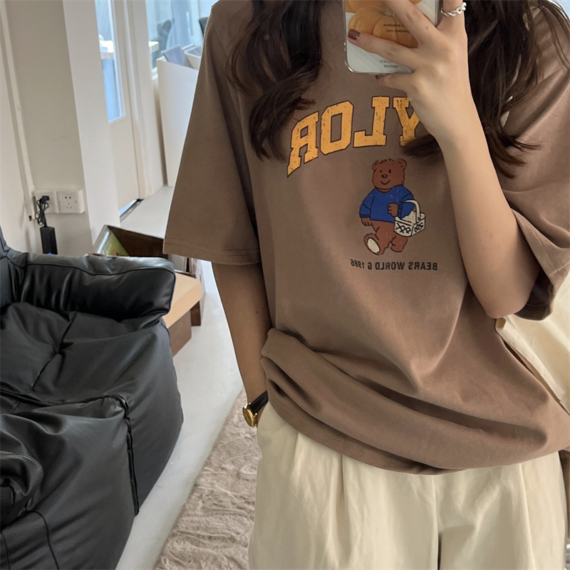 Bear Print Versatile Loose Casual Round Neck Short Sleeve T-Shirt Women