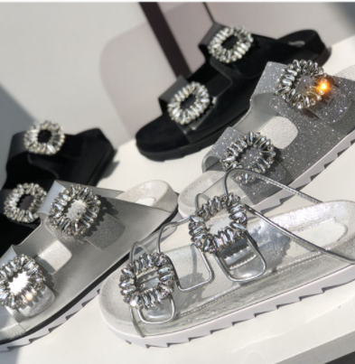 RV Rhinestone Square Buckle Leather Slippers Outer Wear Women's Toe Double Ring Strap Flat Sandals