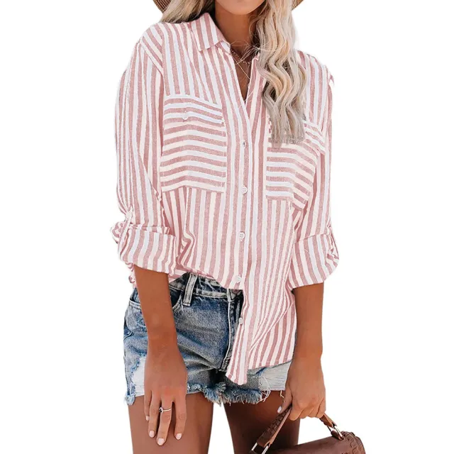Ramie Cotton Wash Water Striped Single Breasted Long sleeved Shirt Female Pink - Shop at LoveMi