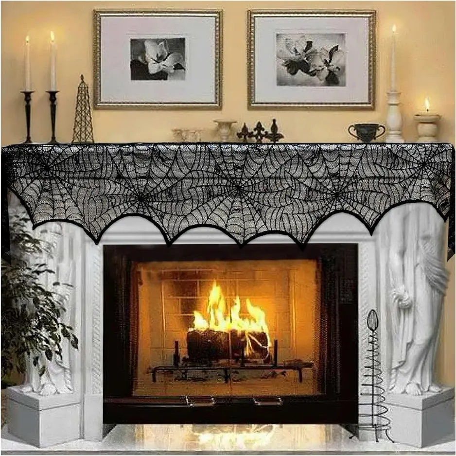 Black Lace Spiderweb Fireplace Mantle Scarf Cover