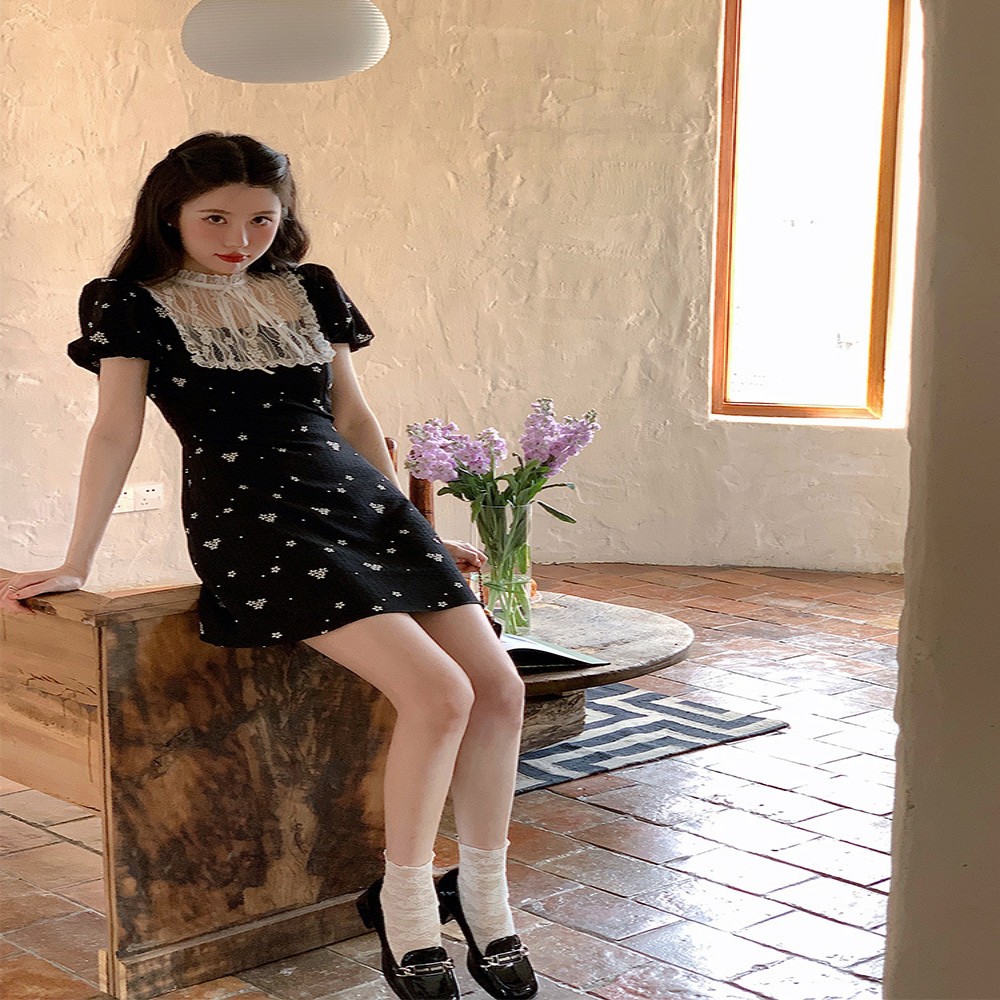 Lace Stitching Bubble Sleeve Floral Dress