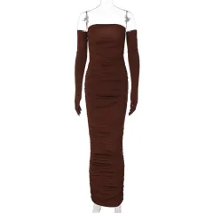 Women's Long Sleeve Slim Pleated Dress - Coffee - View 1
