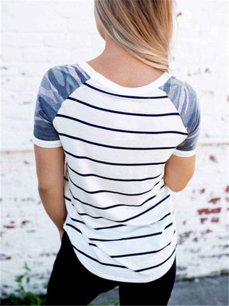 Striped Short-sleeved Stitching Top Women's Slim Fit