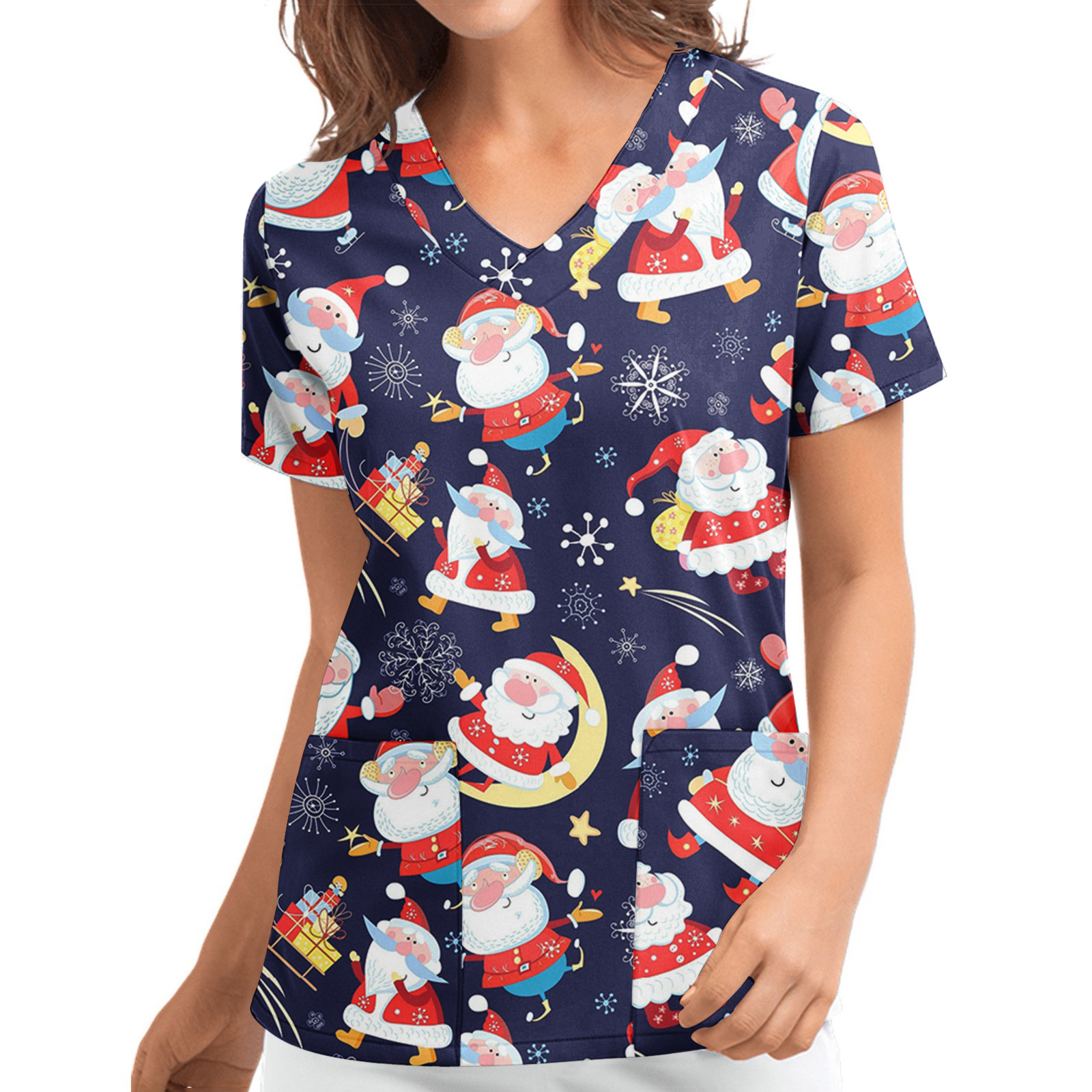 Title 15, Christmas Printed V-neck Short Sleeve Workwear ...