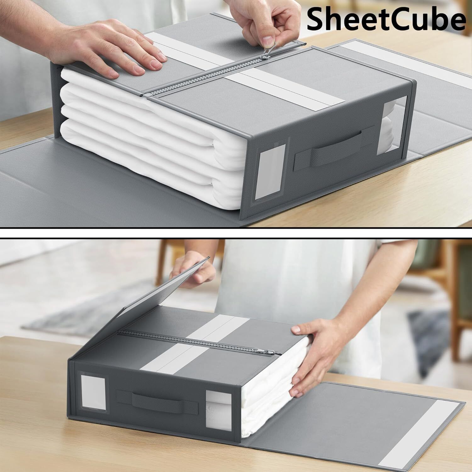 2x Foldable Bed Sheet Set Organizer Fabric Storage Bin Blanket Bedding Container--Beigex2