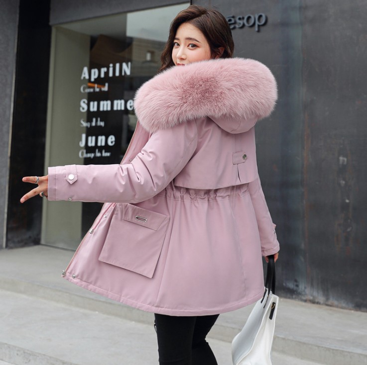 Oversized Fur Collar Cotton padded Coat Loose Plus Velvet Thickening Women Pink - Shop at LoveMi