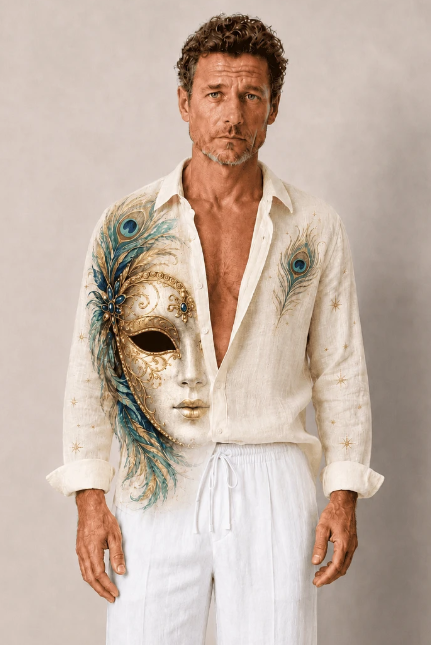 Venetian Mask & Peacock Feather Print Oversized Shirt