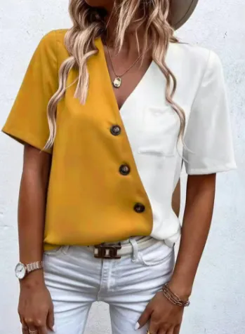 Women's Chiffon Fashion Contrast Short Sleeve Shirt Top Yellow - Shop at LoveMi