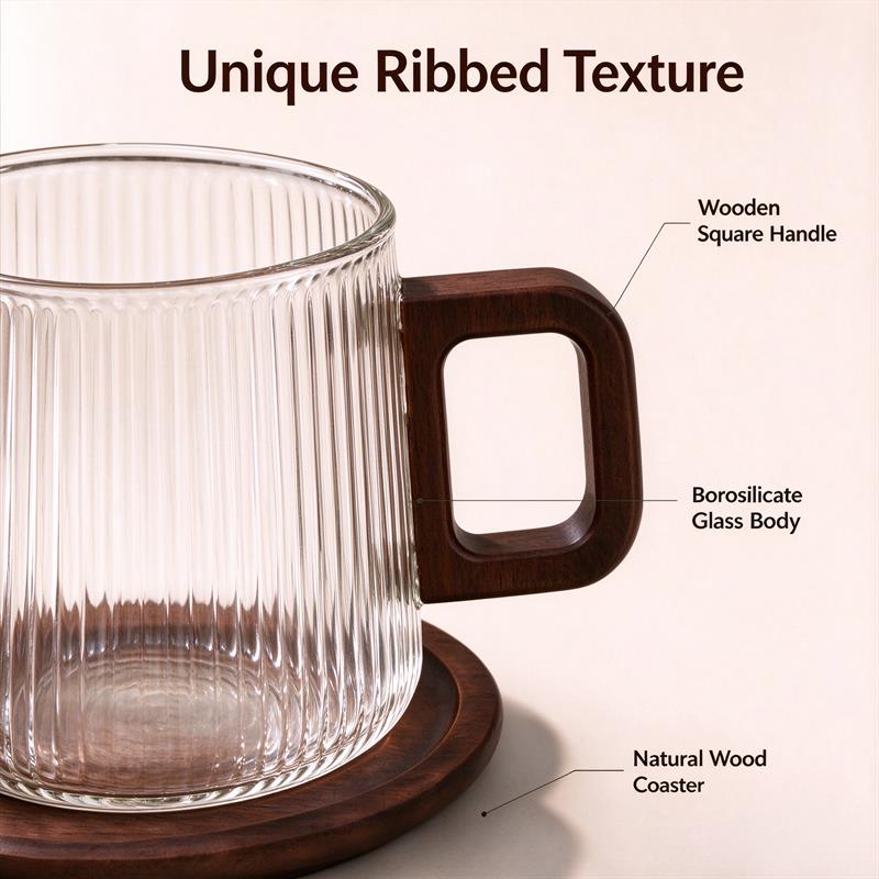 300ml Clear Textured Glass Coffee Mug With Square Handle