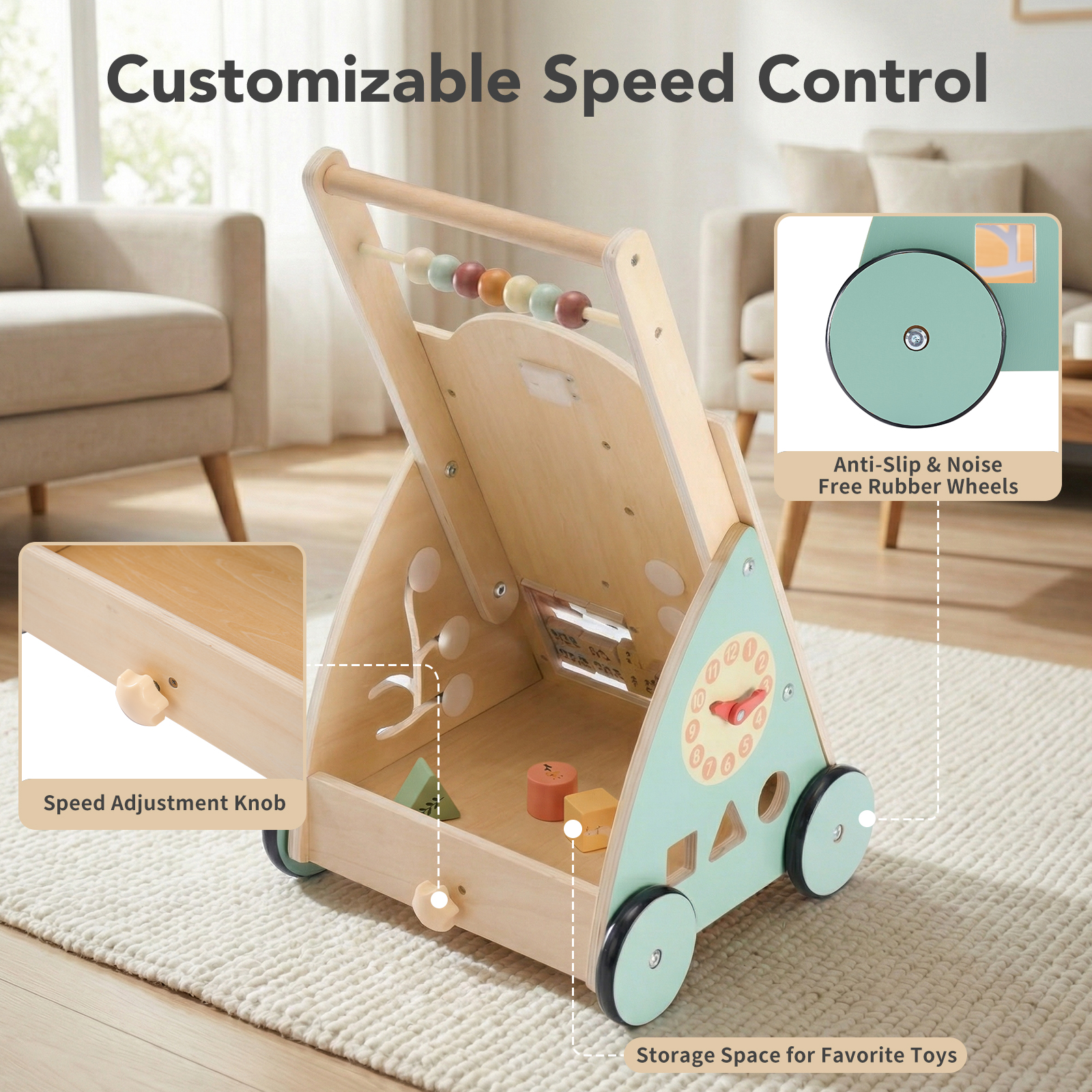 Wooden Baby Walker, Adjustable-speed Push-style Walker, Equipped With... 5