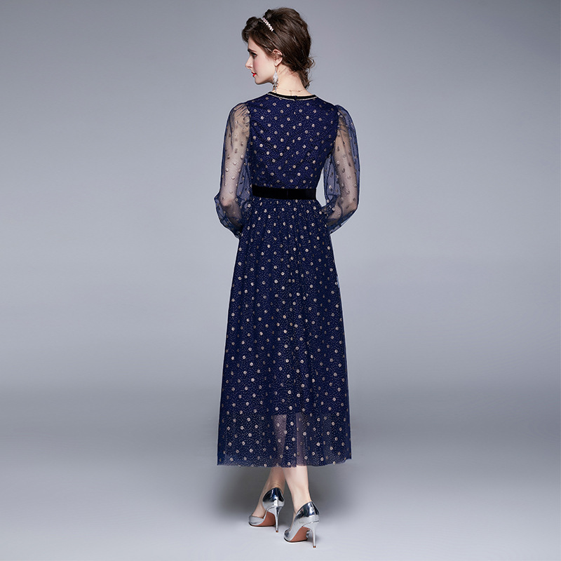 Waist Polka Dot Mesh Ladies Banquet Evening Dress