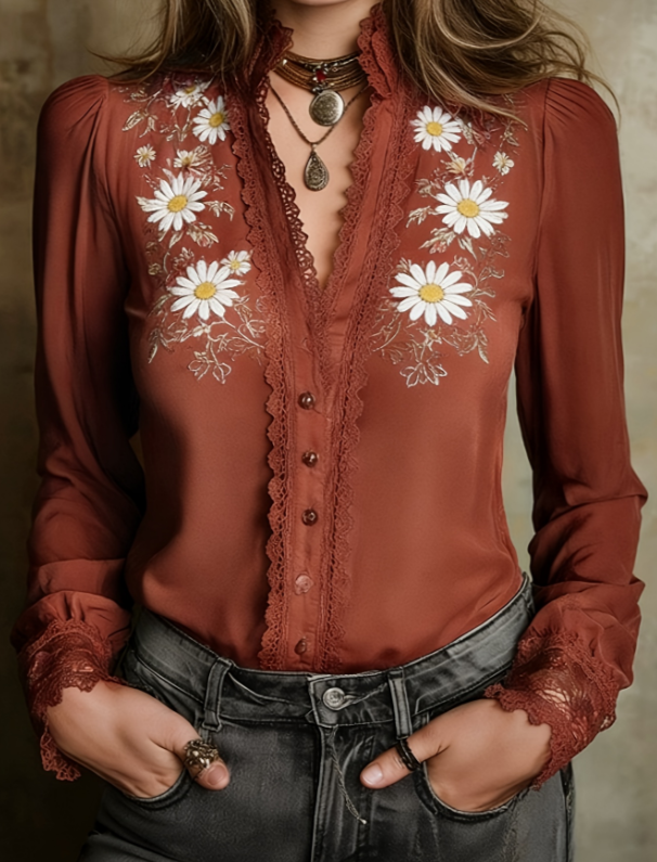 Women's Retro Gothic Style Lace V-Neck Long Sleeve Shirt