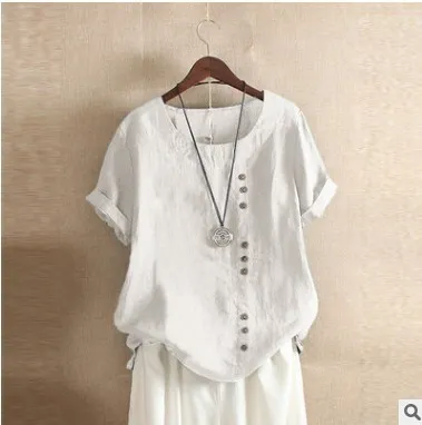 Retro Plus Size Casual Loose Cotton And Linen Short sleeved Pullover T shirt White - Shop at LoveMi