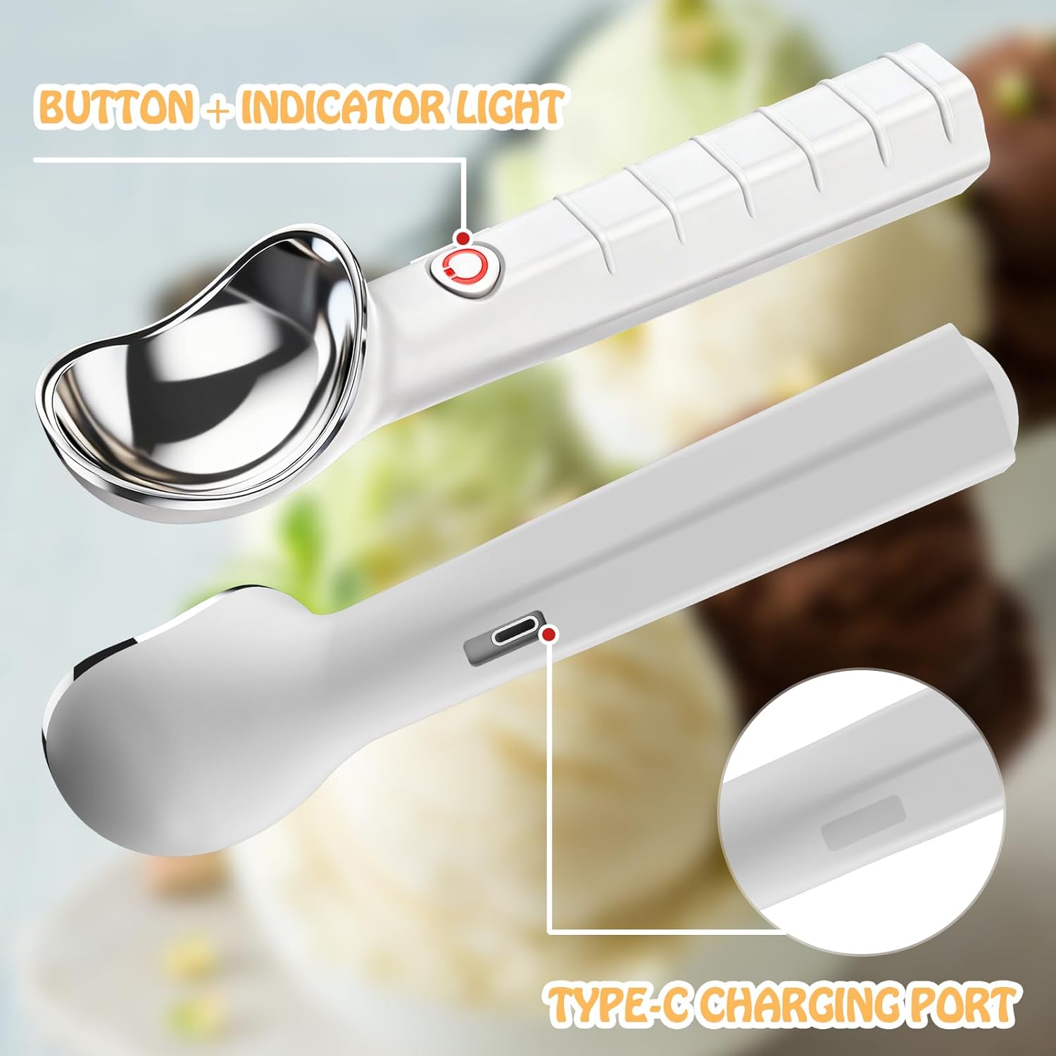 Heated Ice Cream Scoop Rechargeable Ice Cream Scooper With ON OFF Safety Switch, Ergonomic Nonstick Grip Handle For Gelato, Sorbet, Cookie Dough, Melon, Yogurt