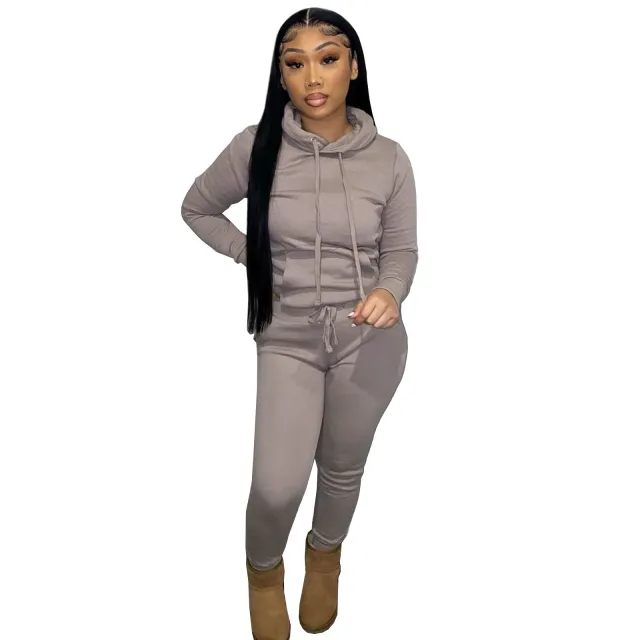 Two piece Hooded Set With Velvet Drawstring For Autumn And Winter Mocha M - Shop at LoveMi