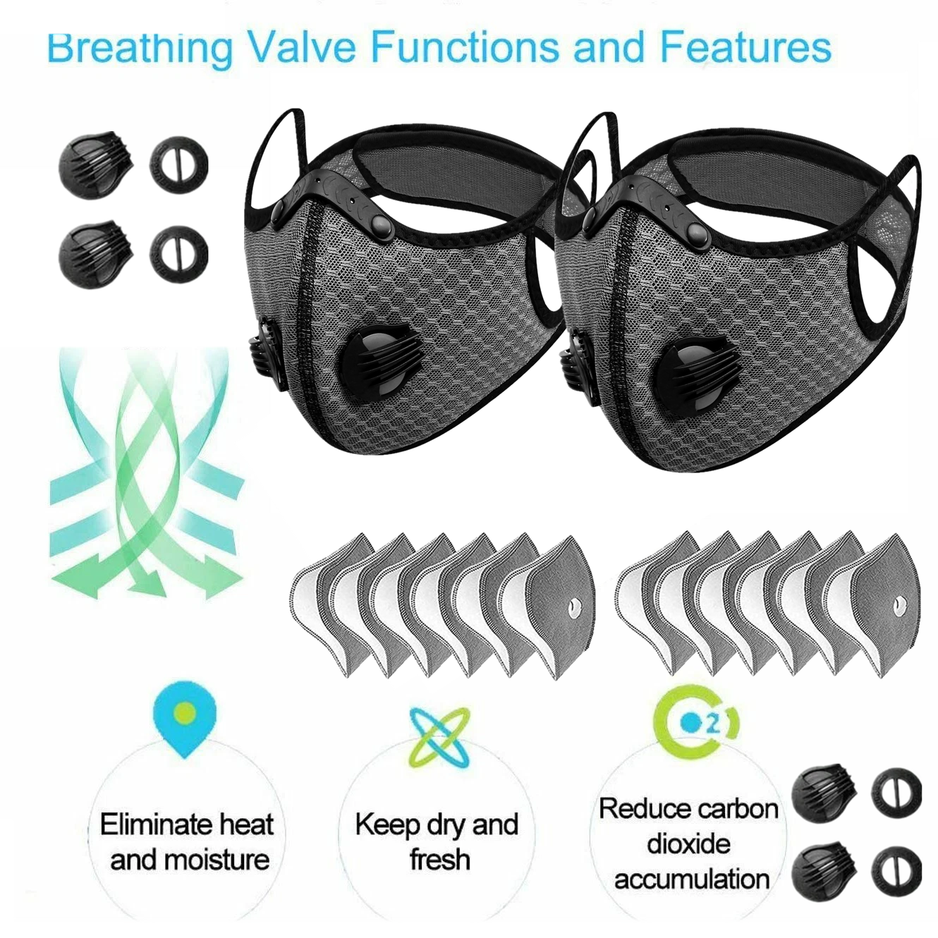 Sport Cycling Face Mask With Active Carbon Filter Breathing Valves Washable 3