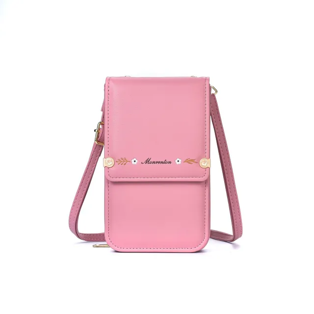 Flowers Embroidery Mobile Phone Bags For Women Ins Fashion Crossbody Shoulder Bag Ladies Long Wallet Pink - Shop at LoveMi