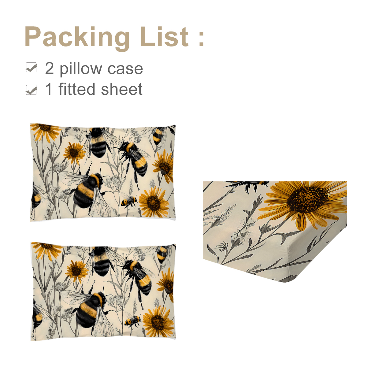 3PCS Botanical Floral Printed Bed Fitted Sheet Set, Yellow Bedding Set, Cute Bee,1 Fitted Sheet, 2 Pillow Cases