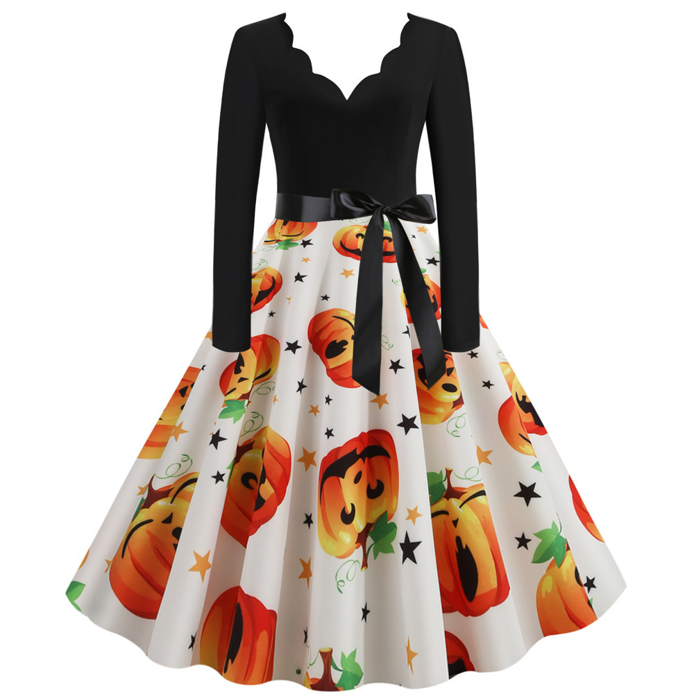Halloween Burnt Flower V-neck Long-sleeved Sexy Print Big Swing Dress