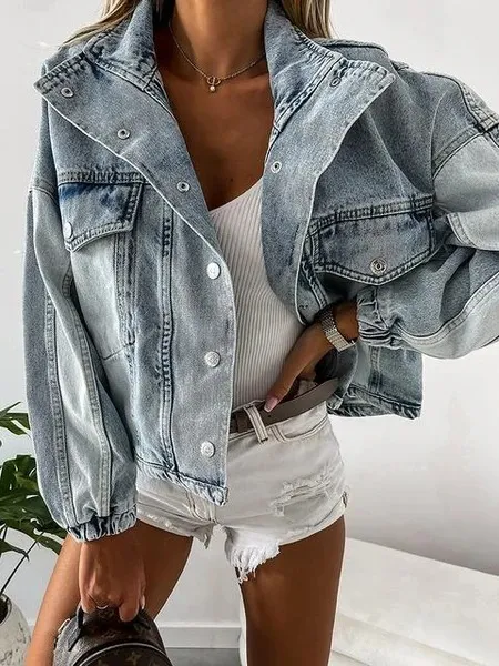 European And American Color Matching Loose Ladies Denim Jacket Blue - Shop at LoveMi