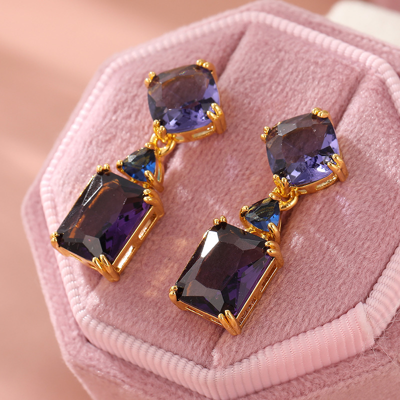 Purple Crystal Drop Earrings gold tone brass