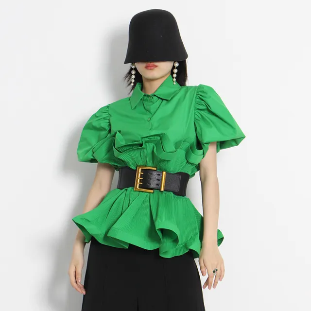 British Princess Ruffle Top Single Breasted Lapel Green - Shop at LoveMi