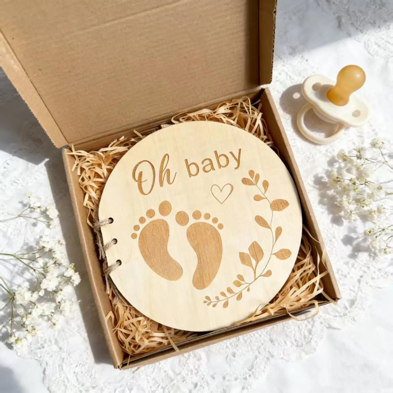Round Wood Cover Baby Photo Journal With Footprint Engraving, Blank Inner Pages Baby Keepsake Scrapbook, Gender Neutral Baby Shower Present For New Parents
