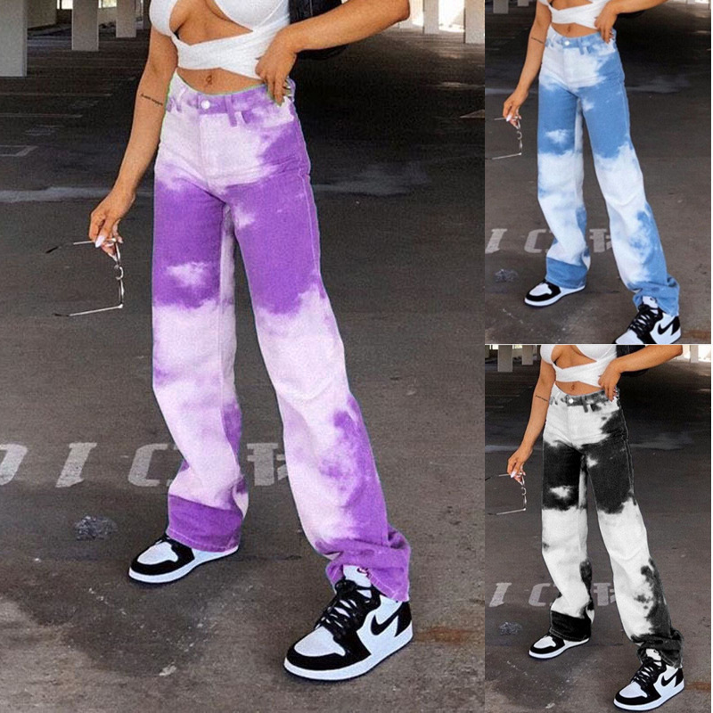 Blue Sky And White Clouds Casual Street Shooting High Waist Straight Tie-dye Pants